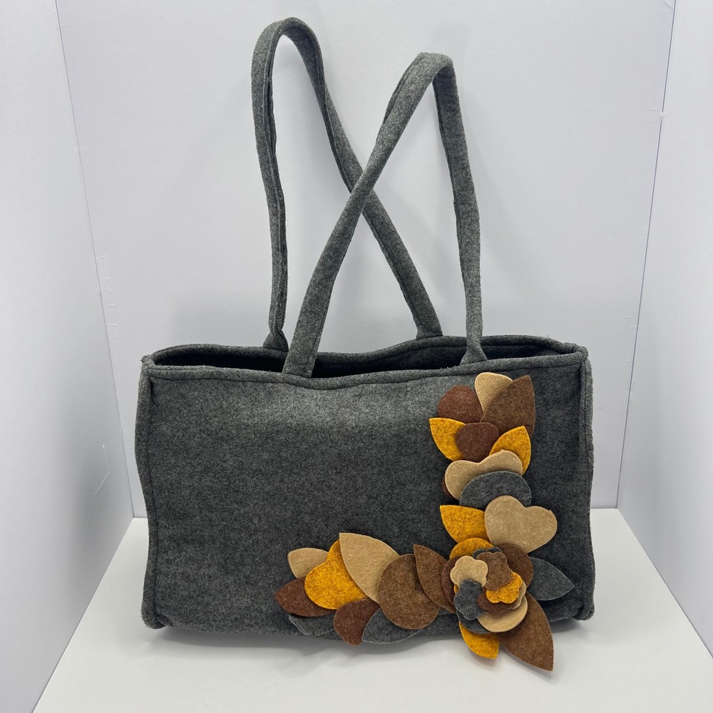 Gray Felt Floral Tote Bag‎ Shoulder Analog Bag Applique Fall Leaves Boho Nature
